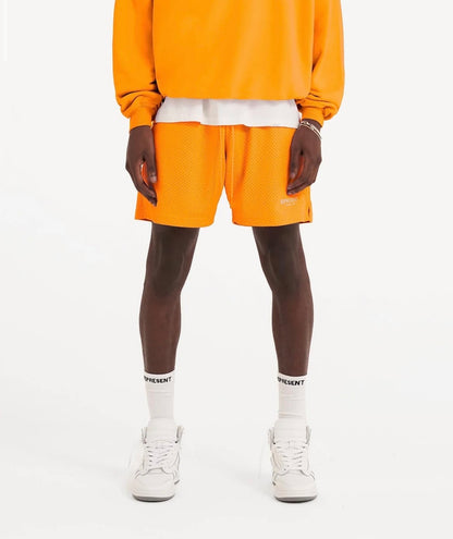 Neon orange logo print mesh bermuda shorts