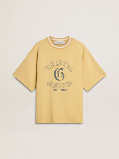 Men's oversized yellow cotton T-shirt with blue print