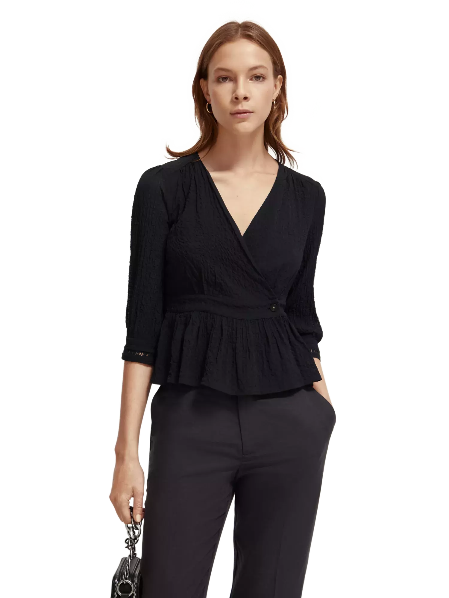 V-neck buttoned wrap blouse - black