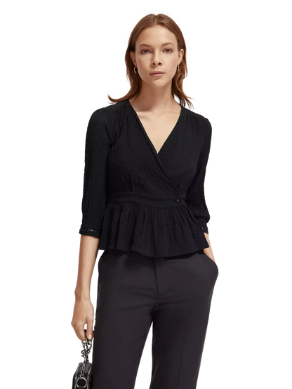 V-neck buttoned wrap blouse - black