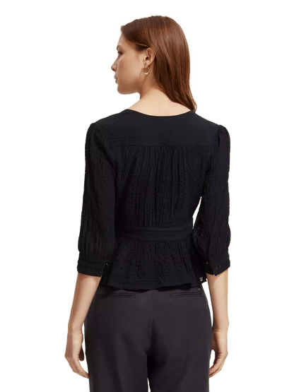 V-neck buttoned wrap blouse - black