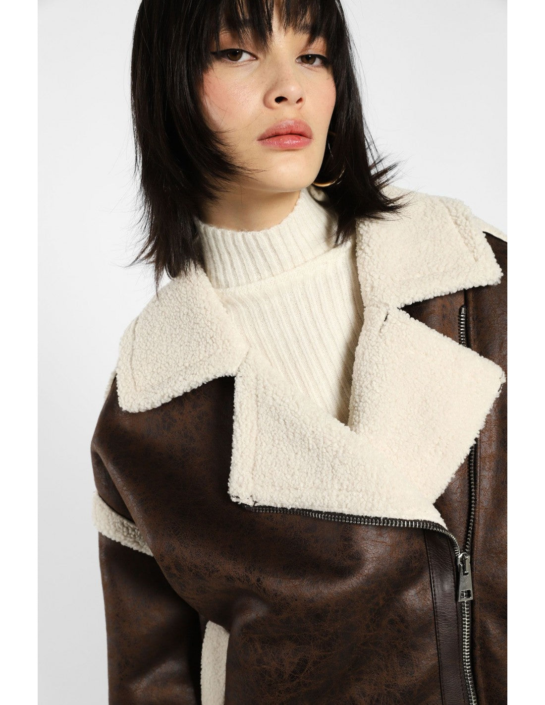 Oversized jacket with faux fur lining and zip - Moro / bianco