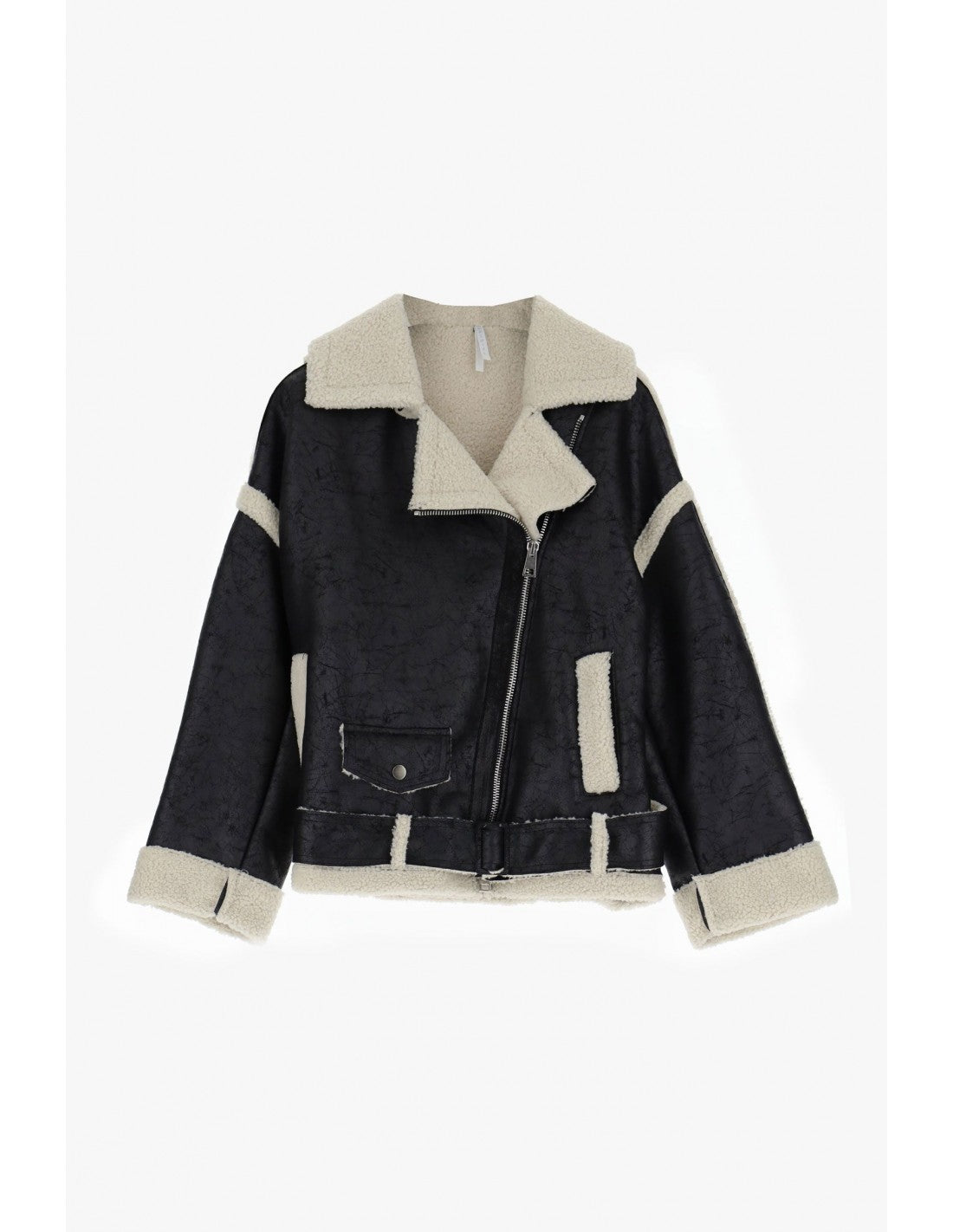 Oversized jacket with faux fur lining and zip - nero / bianco