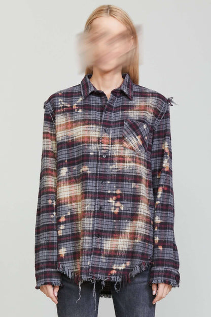 Bleached shredded seam shirt - bleached od grey plaid