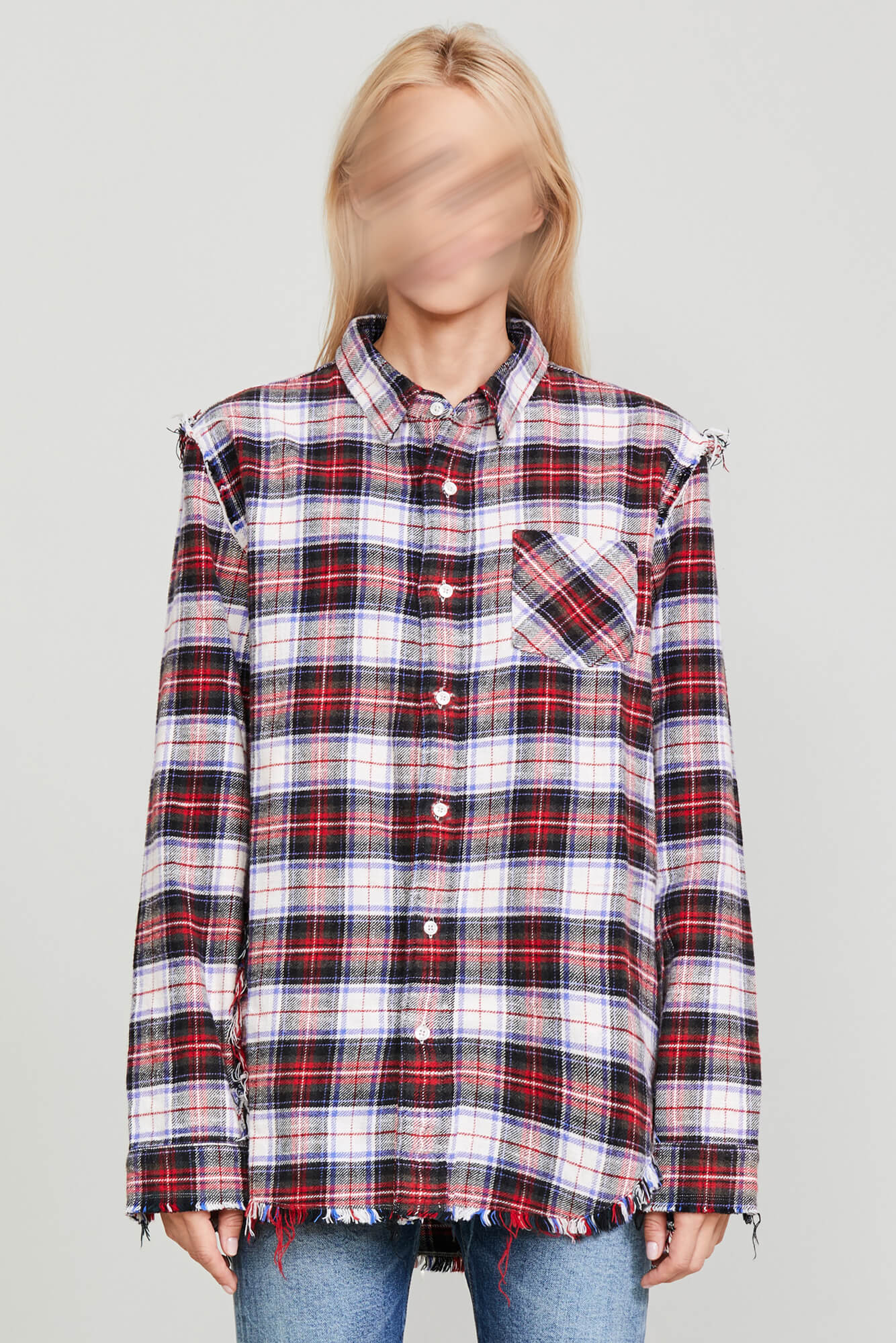 Bleached shredded seam shirt - ecru plaid