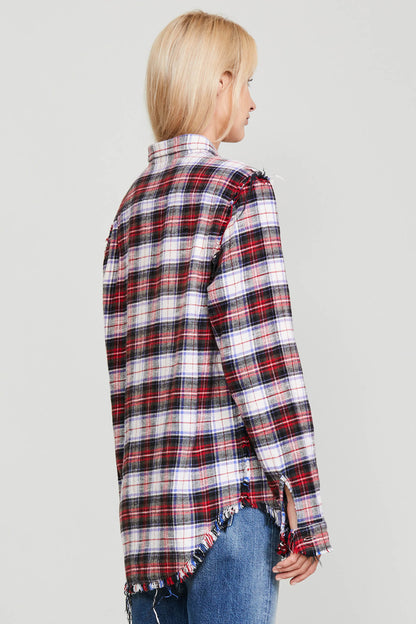 Bleached shredded seam shirt - ecru plaid