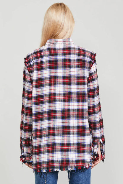 Bleached shredded seam shirt - ecru plaid