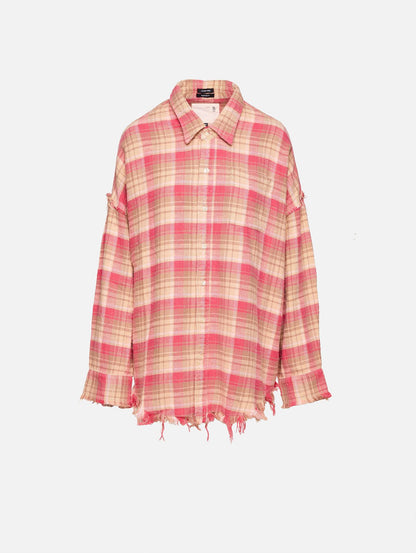 Bleached shredded seam shirt - pink plaid