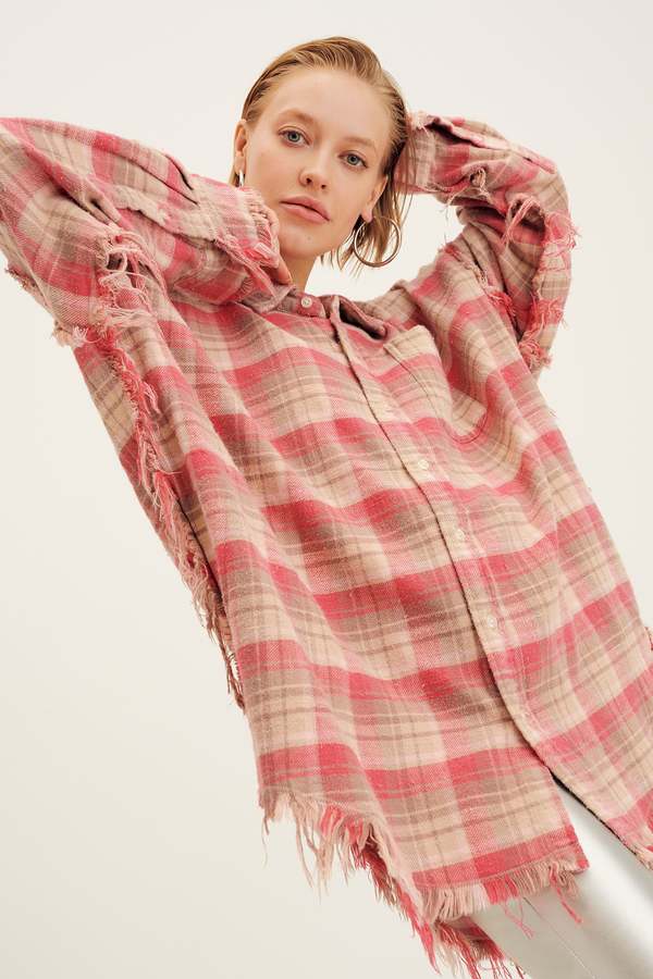 Bleached shredded seam shirt - pink plaid