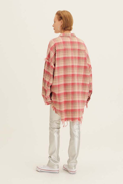 Bleached shredded seam shirt - pink plaid