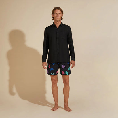 Men linen shirt solid black