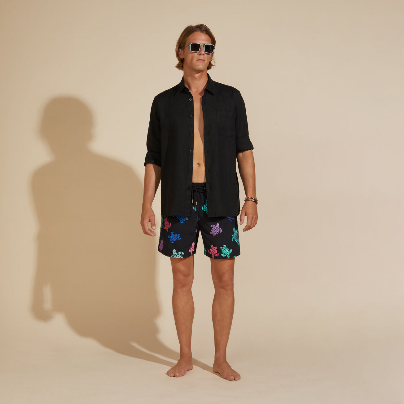 Men linen shirt solid black