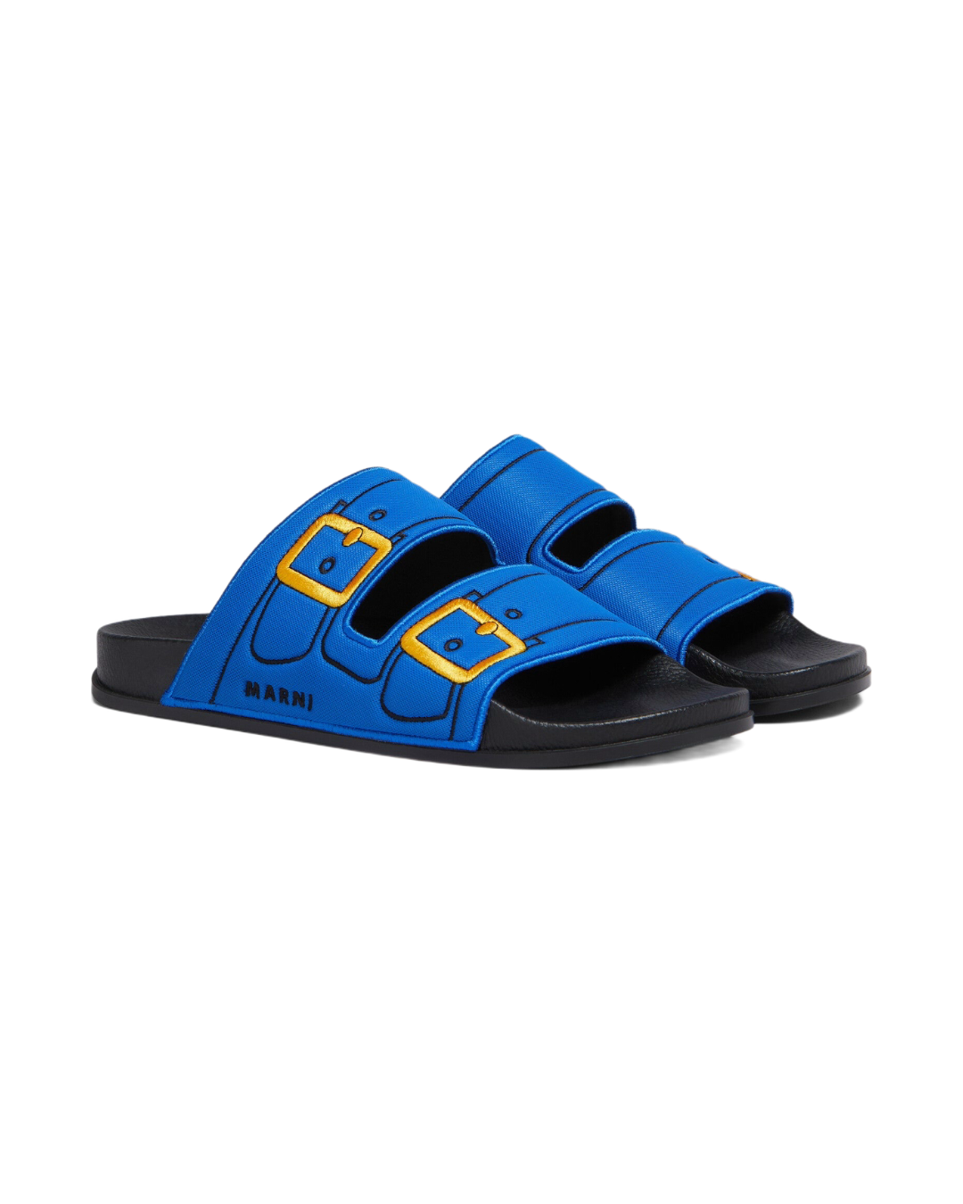 BLUE TROMPE L'OEIL SLIDER WITH EMBROIDERED BUCKLES