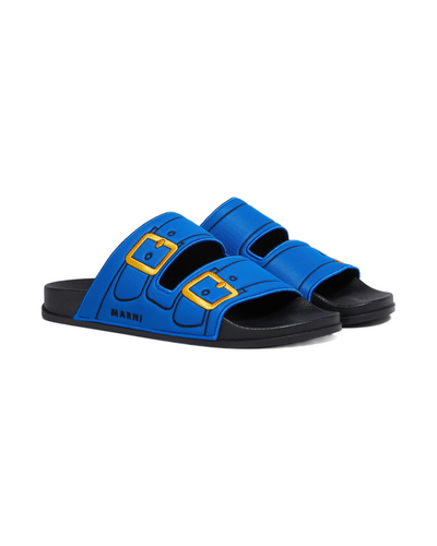 Blue Trompe L'Oeil Slider With Embroidered Buckles