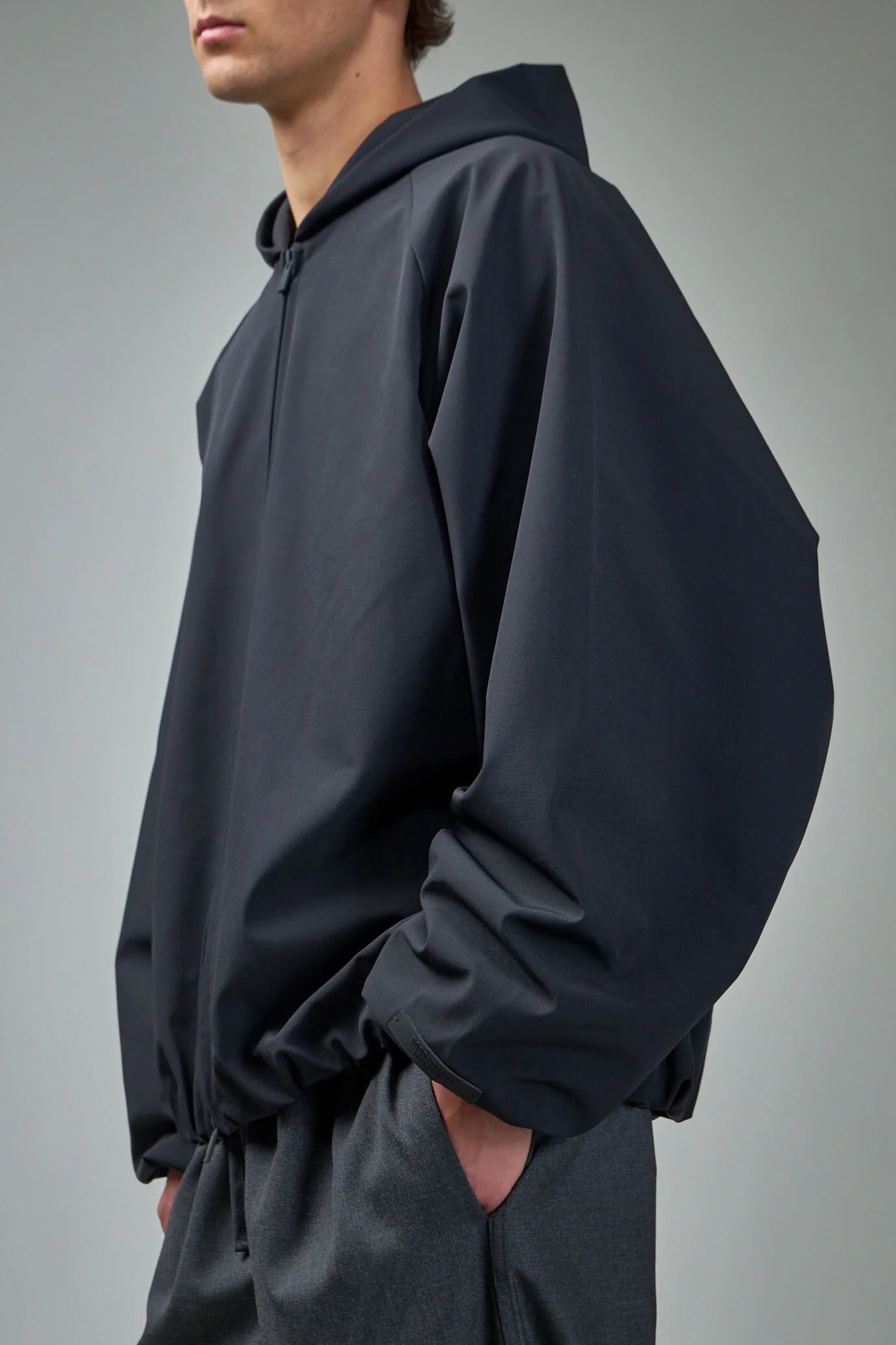 Bonded nylon hooded bomber - black