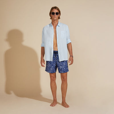 Men linen shirt solid sky blue