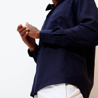 Men linen shirt solid navy blue