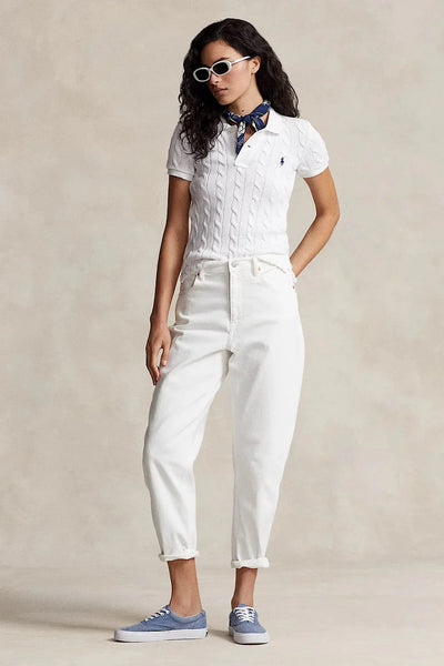 Cable knit white polo shirt