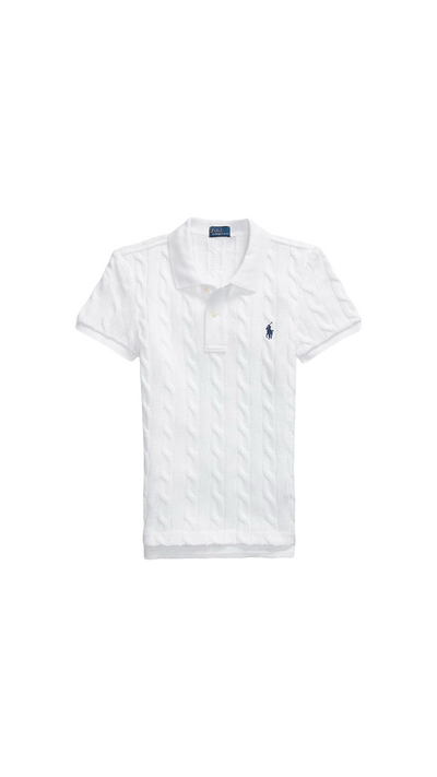 Cable knit white polo shirt