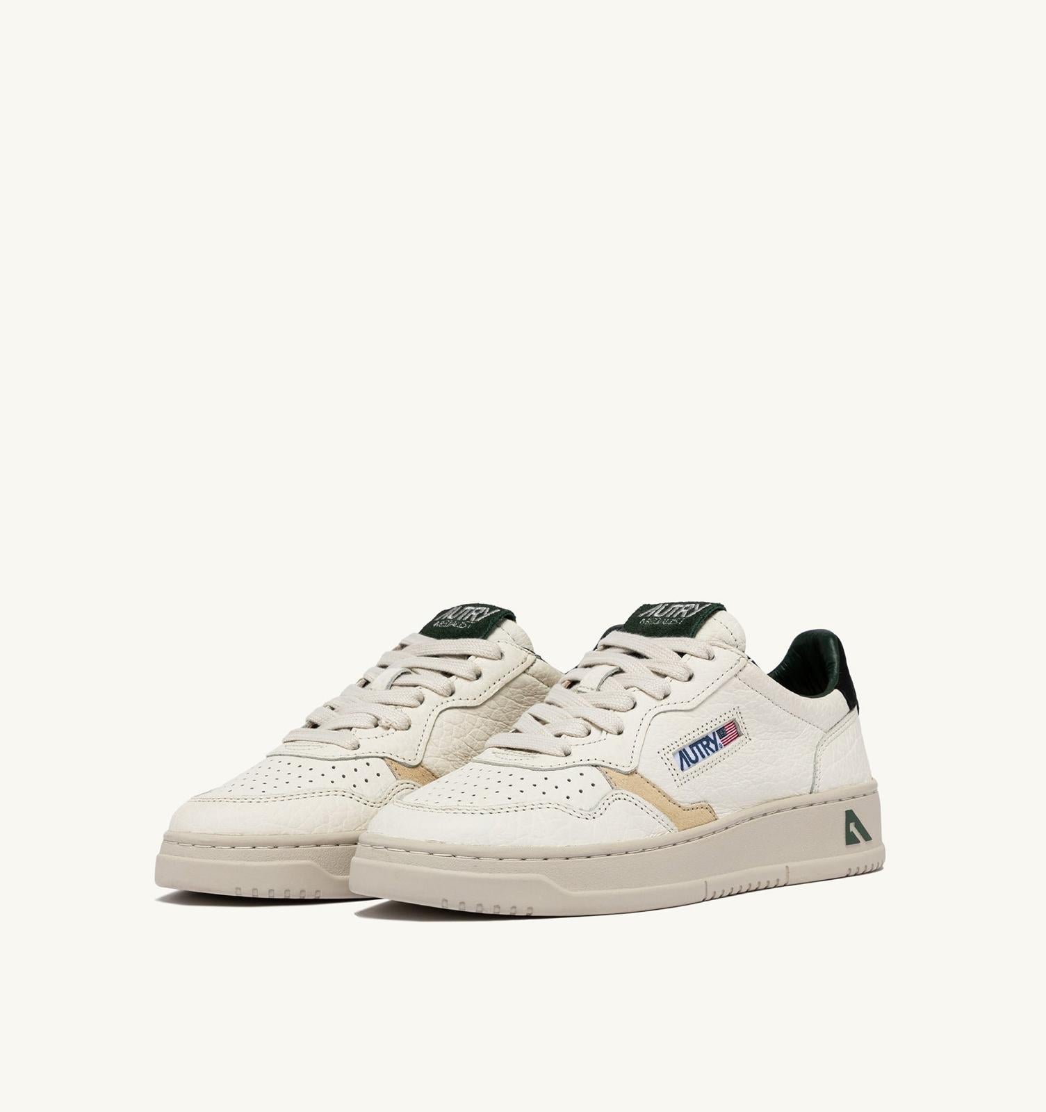 MEDALIST LOW SNEAKERS WHITE/TEXTURED LEATHER WITH GREEN BLACK AND BEIGE DETAILS