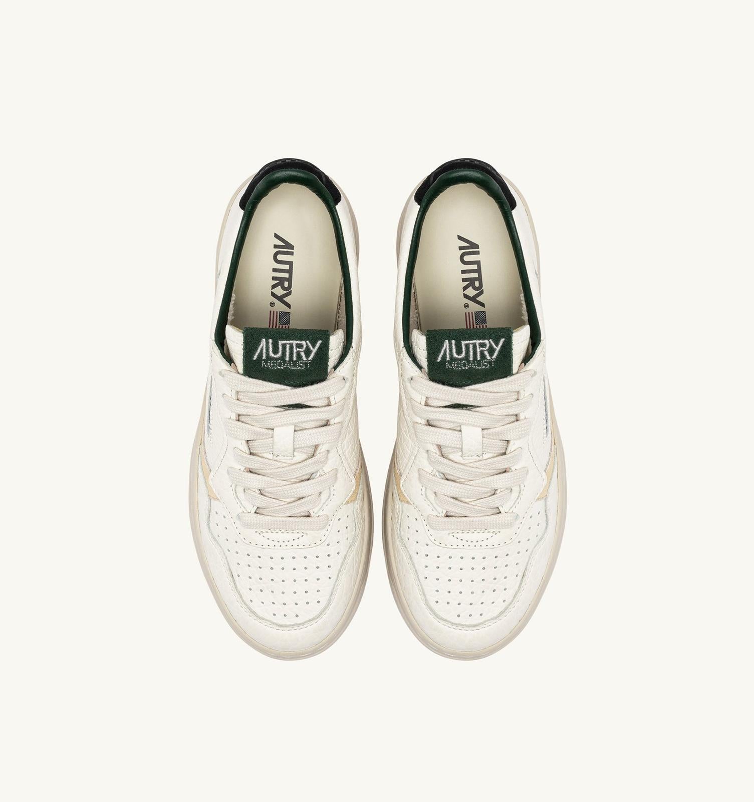 MEDALIST LOW SNEAKERS WHITE/TEXTURED LEATHER WITH GREEN BLACK AND BEIGE DETAILS