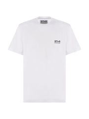 White T-shirt with contrasting black logo on the front