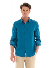 Blue linen shirt with sleeve roll-up