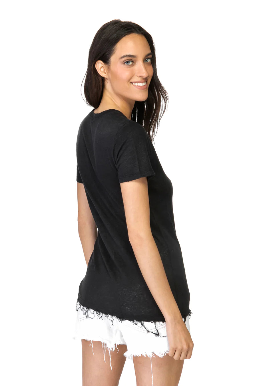 V neck linen t-shirt Black