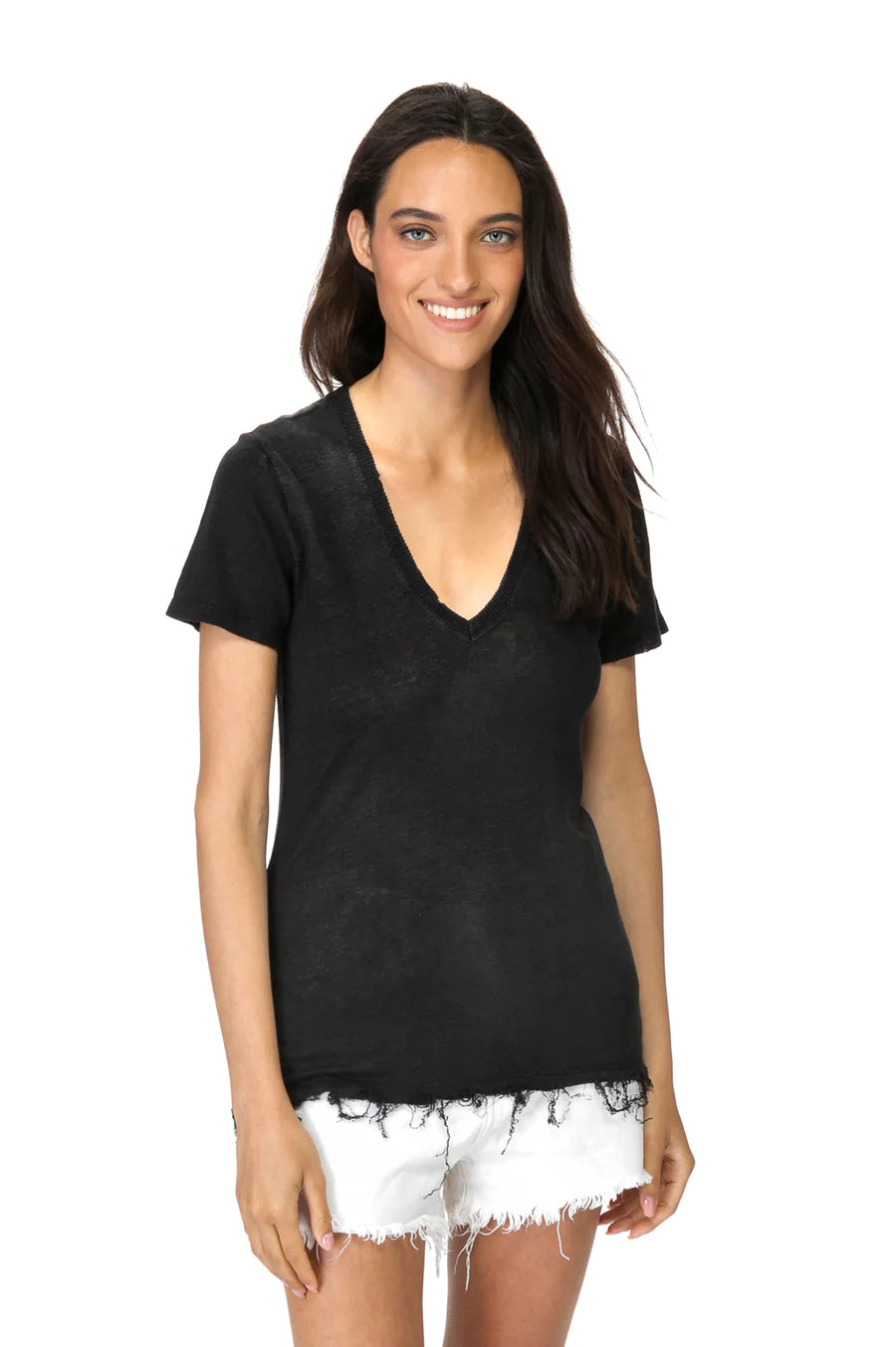 V neck linen t-shirt Black