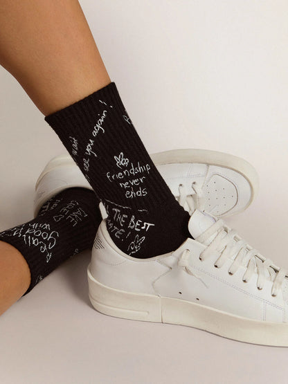 White Golden Statement Lettering On Black Socks