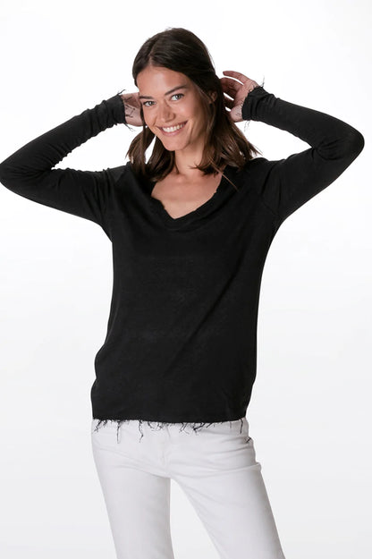 Linen long sleeves v - Black