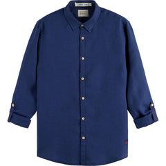 Navy blue linen shirt with sleeve roll-up