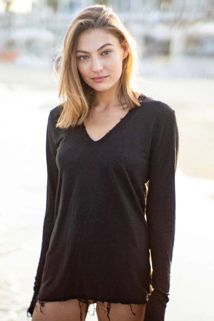 Linen long sleeves v - Black