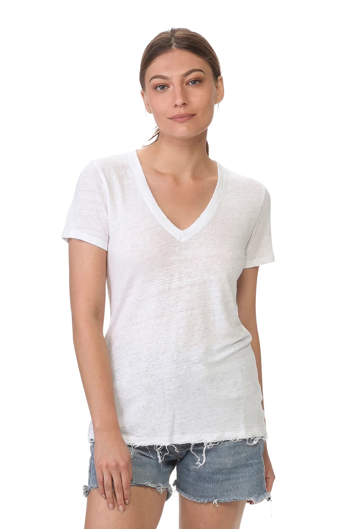 V neck linen t-shirt White