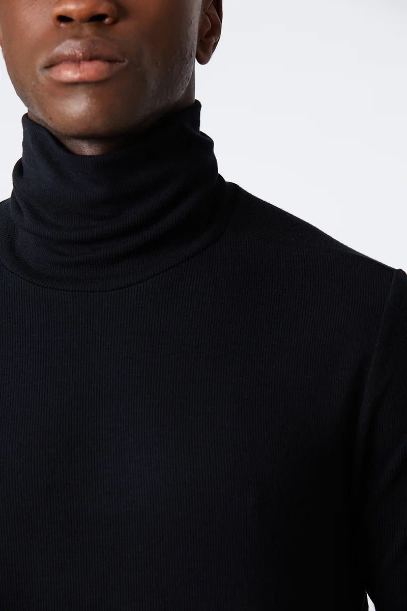 Fine-Ribbed Roll-Neck Black Jumper