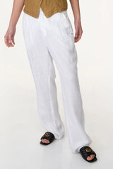 White pleated linen pants