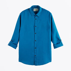Blue linen shirt with sleeve roll-up