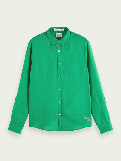 Green Linen Shirt With Sleeve Roll-Up