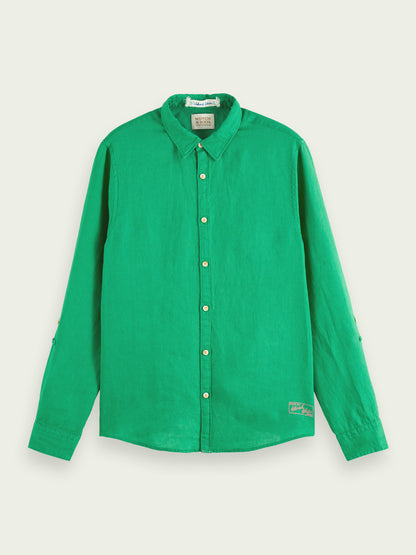 Green Linen Shirt With Sleeve Roll-up