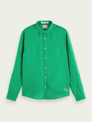 Green linen shirt with sleeve roll-up