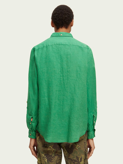 Green Linen Shirt With Sleeve Roll-Up