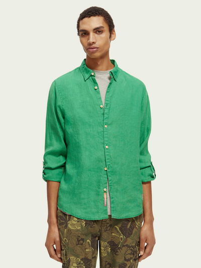 Green Linen Shirt With Sleeve Roll-Up