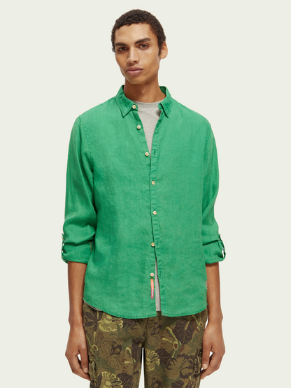 Green Linen Shirt With Sleeve Roll-up