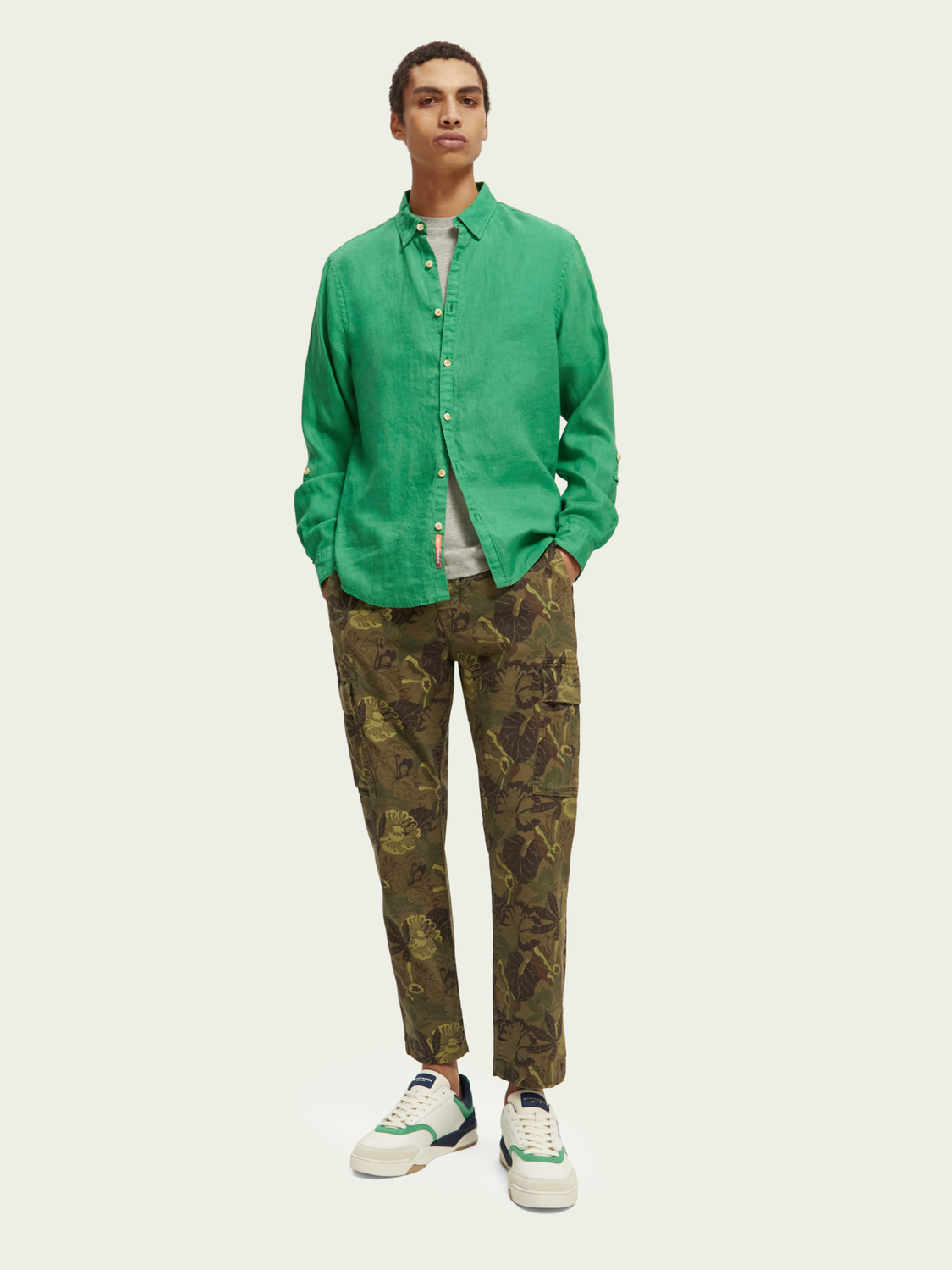 Green Linen Shirt With Sleeve Roll-up